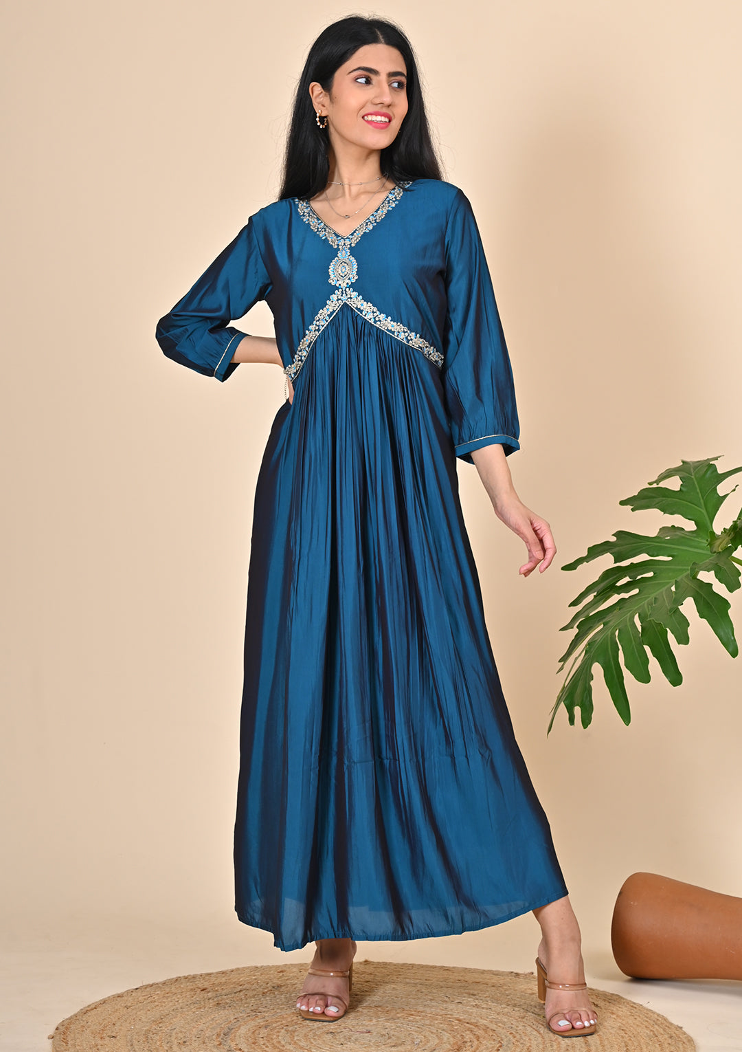 Solid Peacock Blue Alia Cut Dress with Yoke Zari Work Indian Princess Solid Peacock Blue Alia Cut Dress with Yoke Zari Work Indian Princess