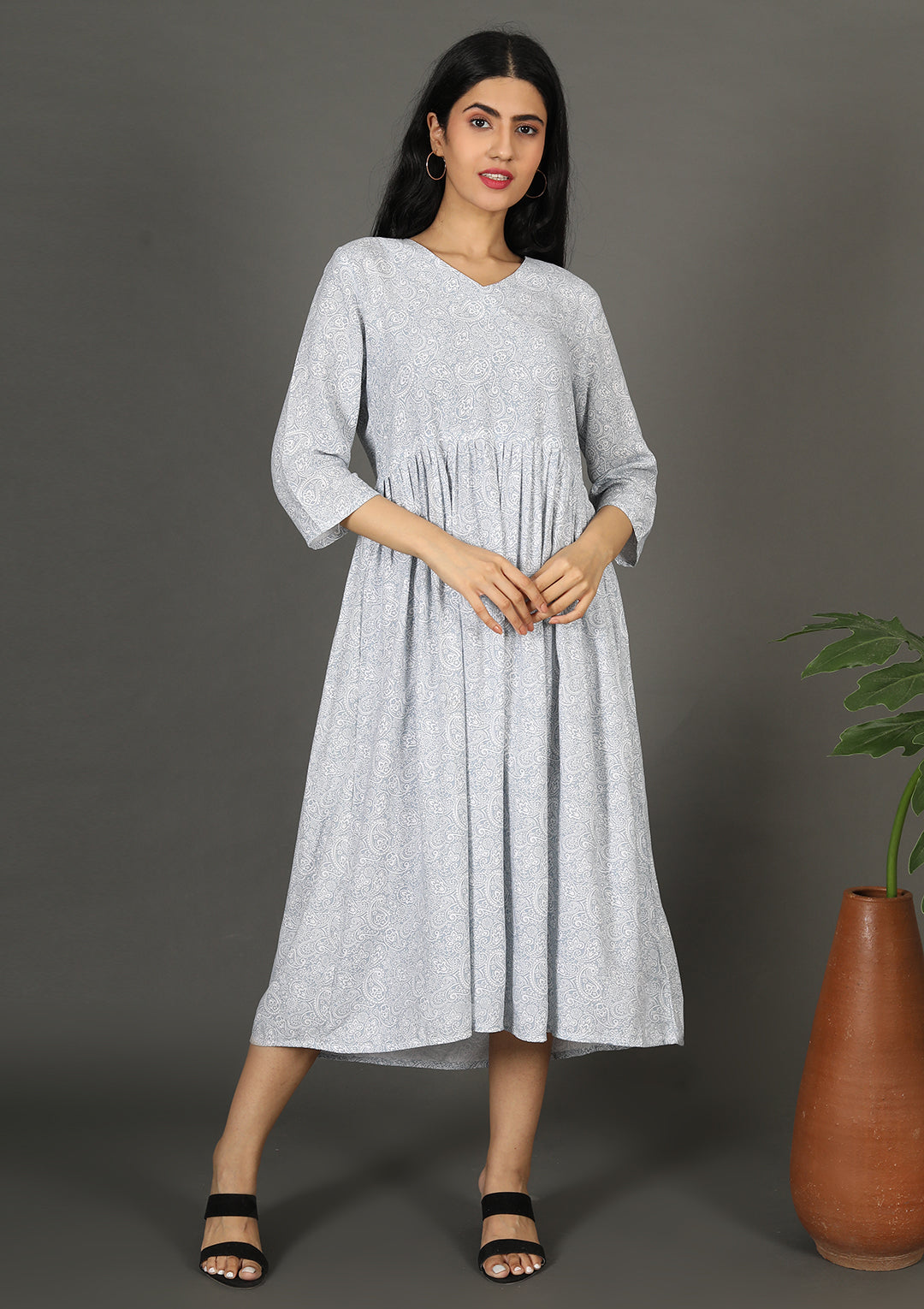 Womens Grey Color Pasely Printed Dress – Indian Princess