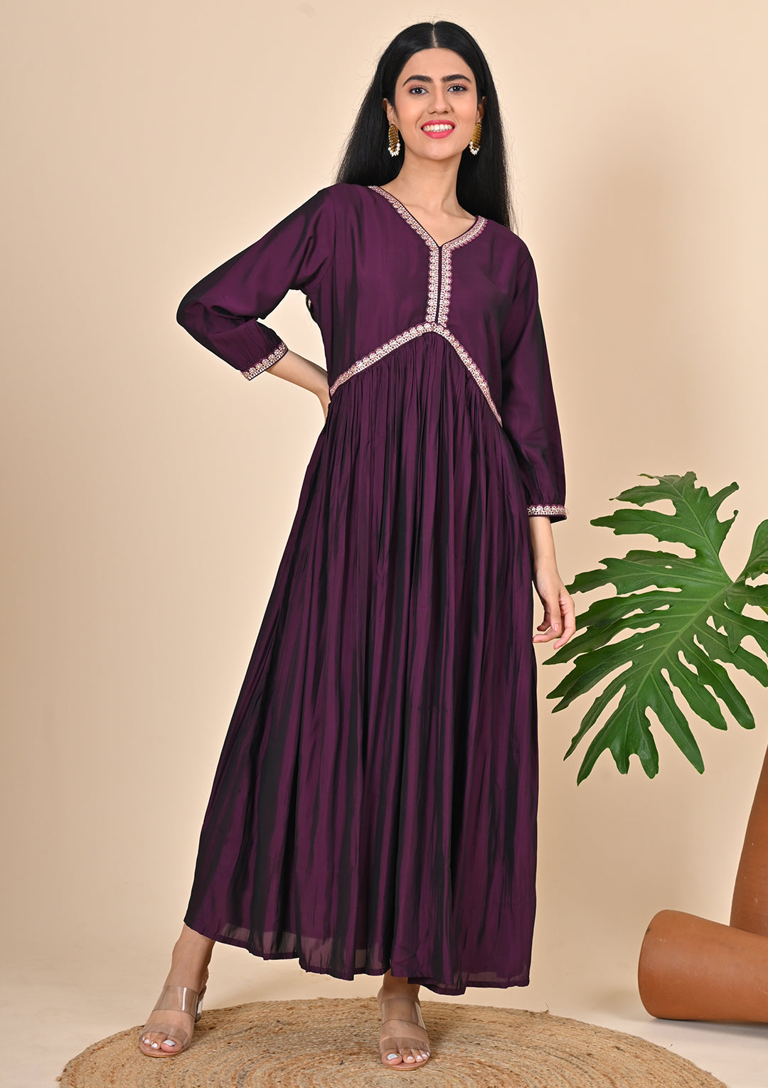 Solid Magenta Alia Cut Dress with Yoke Zari Work – Indian Princess