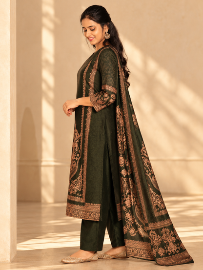 Mid Night Green Straight Kurta Set with Antique Copper Printed Dupatta