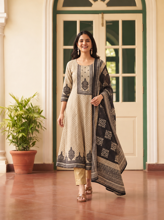 Dusty Pastel Green Kalidhar Kurta Set with Black Printed  Dupatta