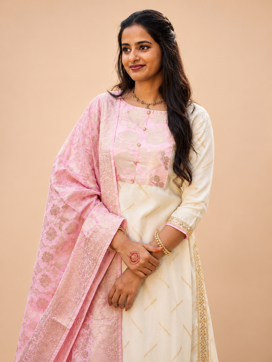 Elegant Pastel Pink Floral Printed Kurta Set with Designer Dupatta