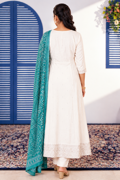 Off-White Anarkali Suit with Teal Green Printed Dupatta