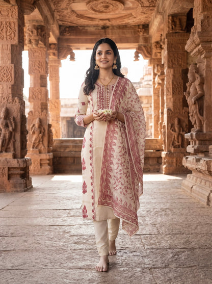 Ivory Straight Kurta Set with Maroon Traditional Print Dupatta