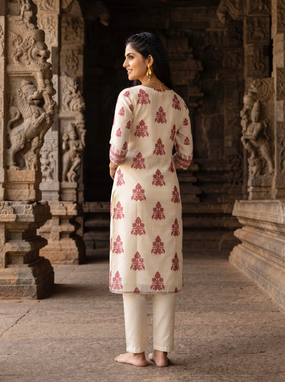 Ivory Straight Kurta Set with Maroon Traditional Print Dupatta