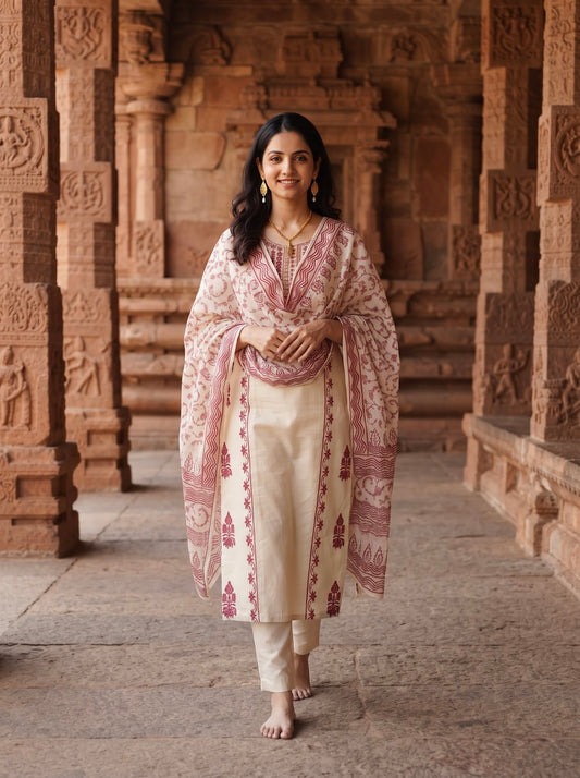 Ivory Straight Kurta Set with Maroon Traditional Print Dupatta