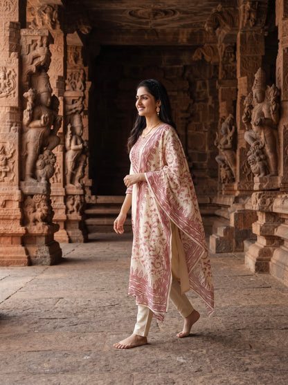 Ivory Straight Kurta Set with Maroon Traditional Print Dupatta