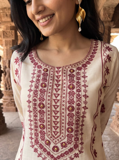 Ivory Straight Kurta Set with Maroon Traditional Print Dupatta