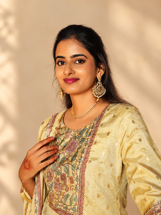 Pale Yellow Straight Kurta Set with Multicolor Floral Printed Dupatta