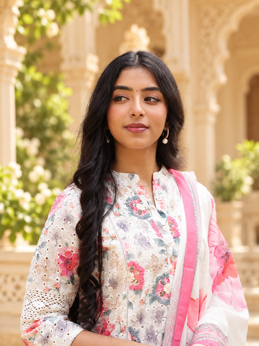 White Floral Printed Schiffli Kurta Set with Pink Border Dupatta