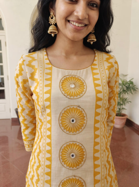 Mustard Yellow Printed Straight Kurta Set with Matching Dupatta