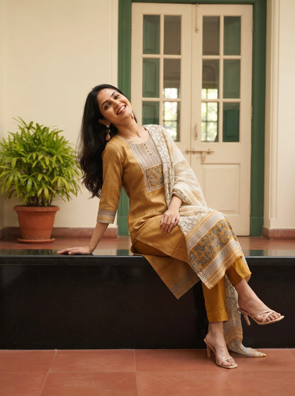 Mustard Brown Straight Kurta Set with Digital Printed Dupatta