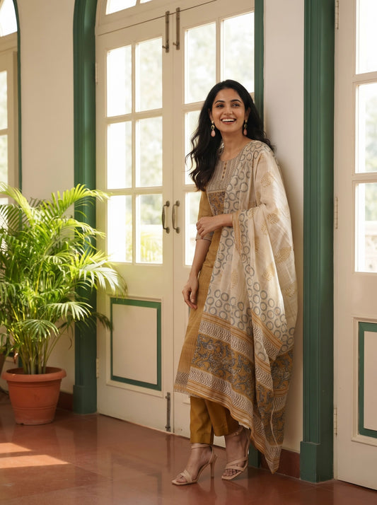 Mustard Brown Straight Kurta Set with Digital Printed Dupatta