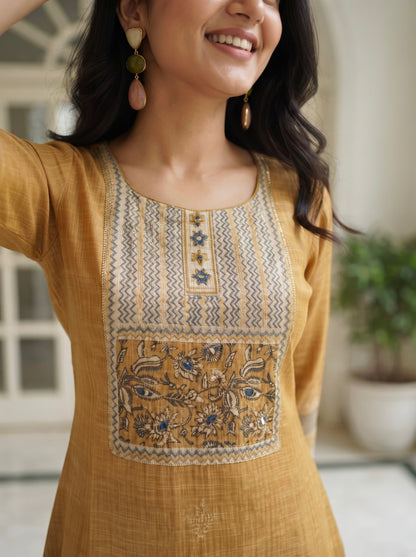 Mustard Brown Straight Kurta Set with Digital Printed Dupatta