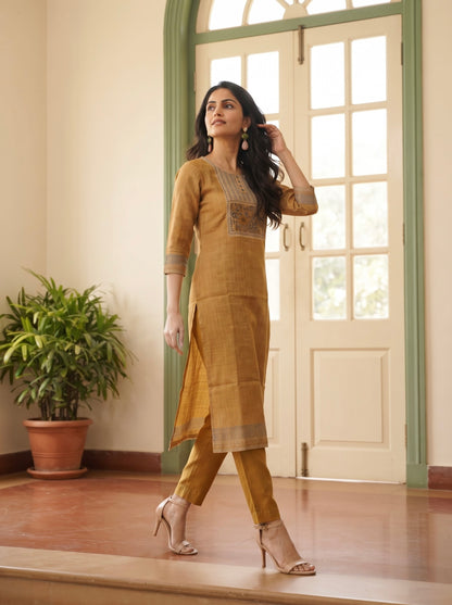Mustard Brown Straight Kurta Set with Digital Printed Dupatta