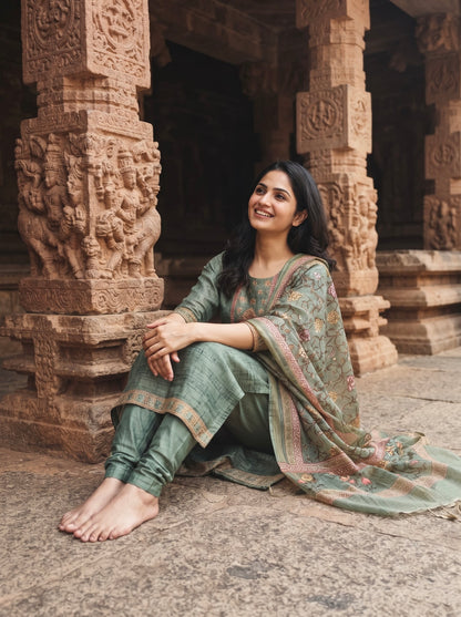 Sage Green Straight Kurta Set with Digital Printed Dupatta