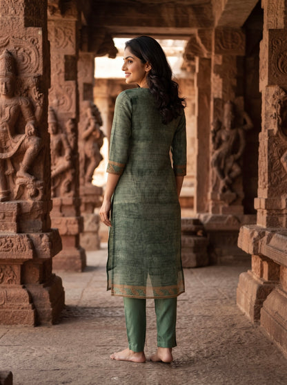 Sage Green Straight Kurta Set with Digital Printed Dupatta