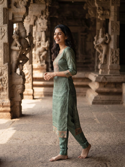 Sage Green Straight Kurta Set with Digital Printed Dupatta