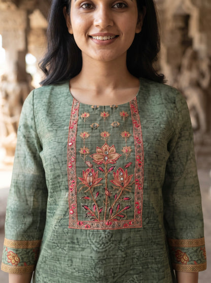 Sage Green Straight Kurta Set with Digital Printed Dupatta