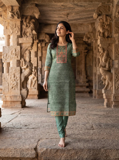 Sage Green Straight Kurta Set with Digital Printed Dupatta