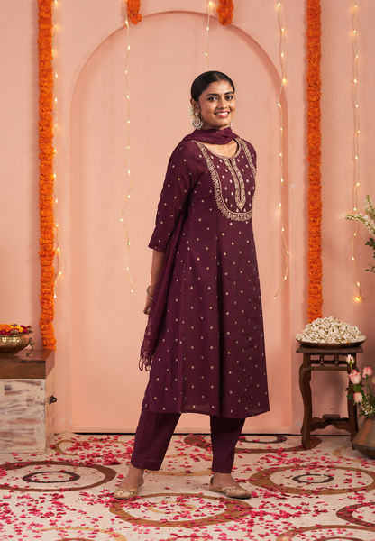 Elegant Burgundy Printed Kurta Set Matching Dupatta