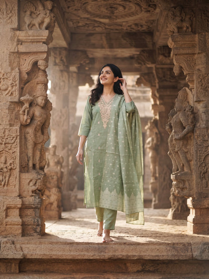 Elegant Pastel Green Embroidered Kurta Set with Jaccard Dupatta