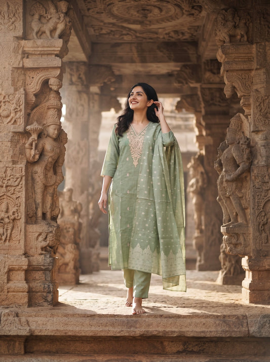 Elegant Pastel Green Embroidered Kurta Set with Jaccard Dupatta