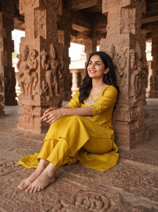 Mustard Yellow Embroidered Straight Kurta Set with Dupatta