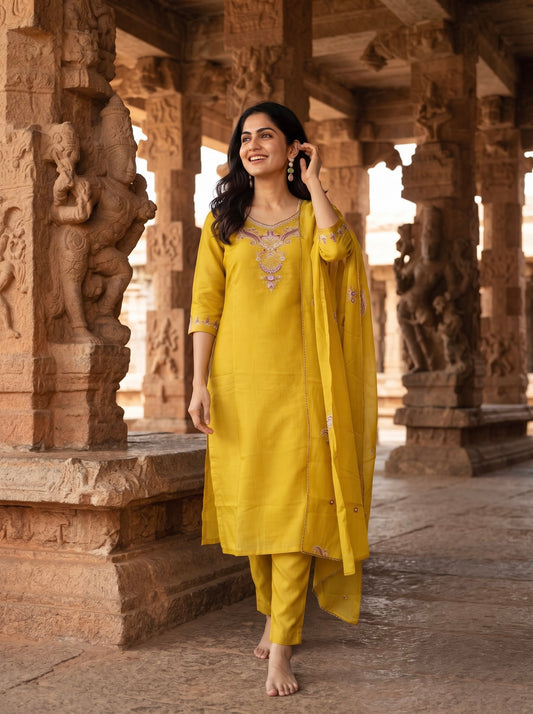 Mustard Yellow Embroidered Straight Kurta Set with Dupatta