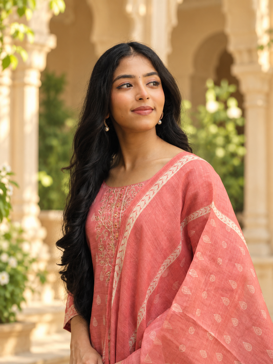 Coral Pink Embroidered Straight Kurta with Printed Dupatta