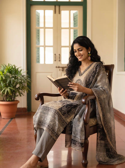 Beige and Sage Grey Straight Kurta Set with Warli Motif Detailing