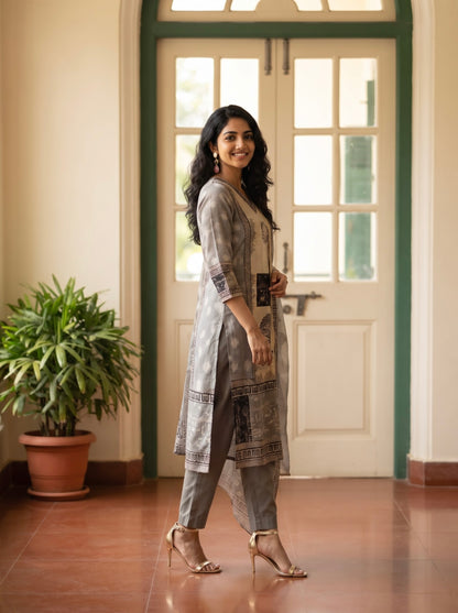 Beige and Sage Grey Straight Kurta Set with Warli Motif Detailing