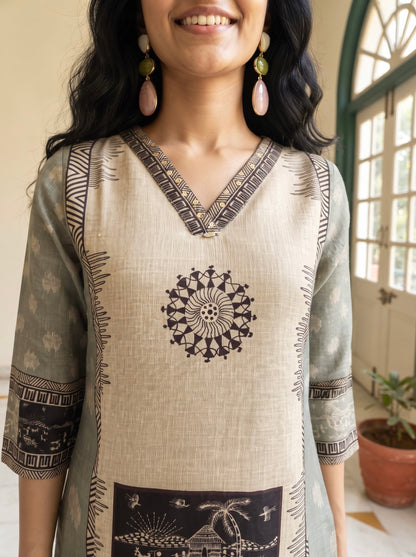 Beige and Sage Grey Straight Kurta Set with Warli Motif Detailing