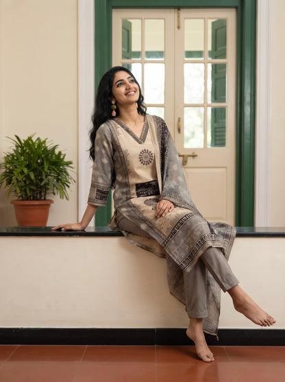 Beige and Sage Grey Straight Kurta Set with Warli Motif Detailing