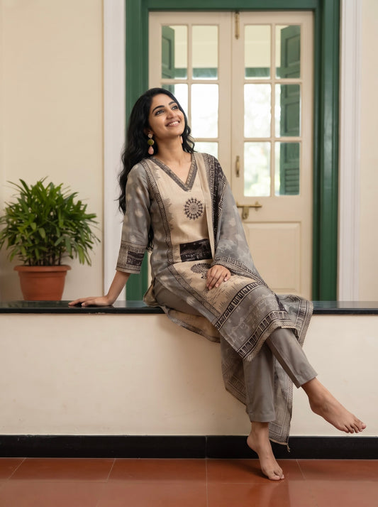 Beige and Sage Grey Straight Kurta Set with Warli Motif Detailing