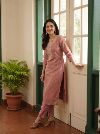 Dusty Rose Pink Embroidered Straight Kurta Set with Jaccard Dupatta
