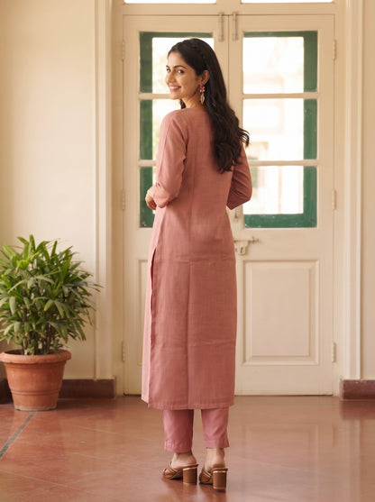 Dusty Rose Pink Embroidered Straight Kurta Set with Jaccard Dupatta