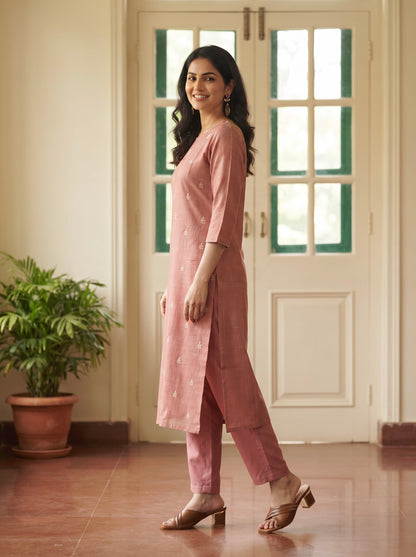 Dusty Rose Pink Embroidered Straight Kurta Set with Jaccard Dupatta