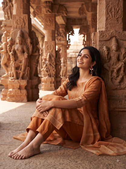 Honey Golden Printed Kurta Set with Matching Dupatta