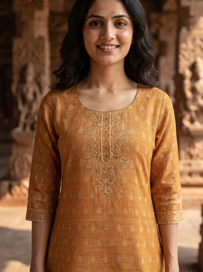 Honey Golden Printed Kurta Set with Matching Dupatta