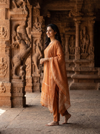 Honey Golden Printed Kurta Set with Matching Dupatta