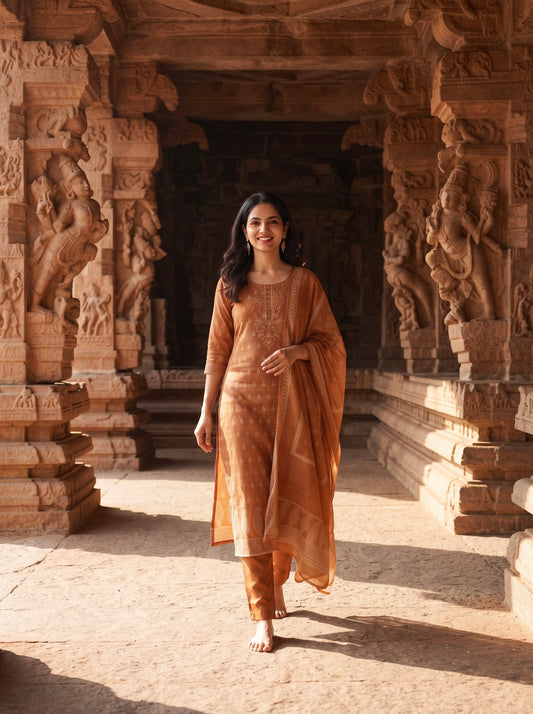Honey Golden Printed Kurta Set with Matching Dupatta