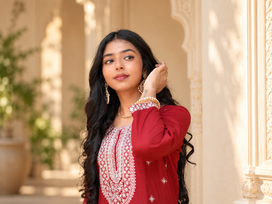 Deep Maroon Straight Kurta with Intricate Sliver Embroidery