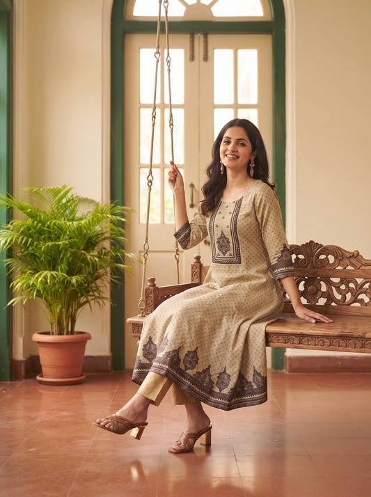 Dusty Pastel Green Kalidhar Kurta Set with Black Printed  Dupatta