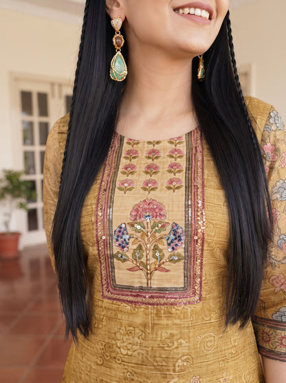 Mustard Gold Straight Kurta Set with Floral Printed Dupatta