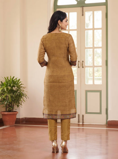 Mustard Gold Straight Kurta Set with Floral Printed Dupatta