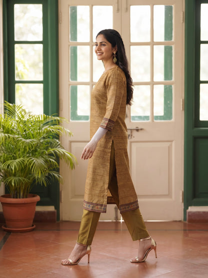 Mustard Gold Straight Kurta Set with Floral Printed Dupatta