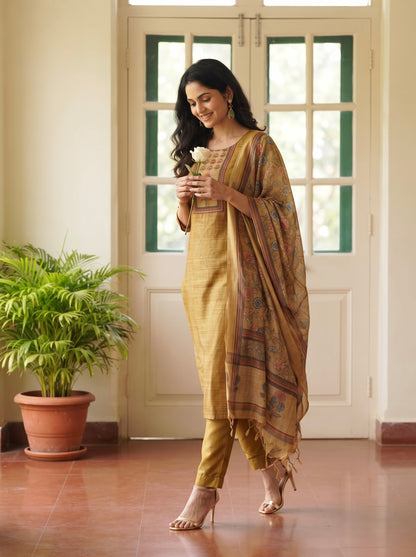 Mustard Gold Straight Kurta Set with Floral Printed Dupatta