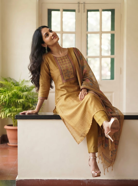 Mustard Gold Straight Kurta Set with Floral Printed Dupatta