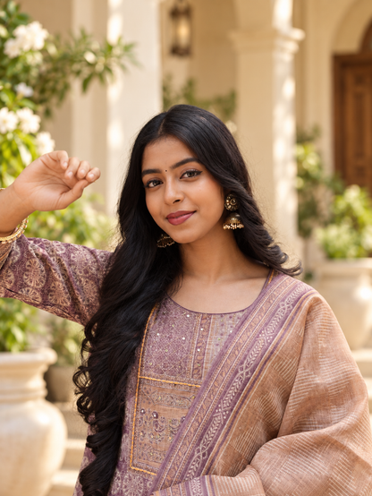 Mauve Purple Printed Straight Kurta Set with Beige Dupatta